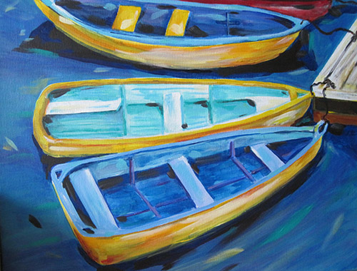 YELLOW BOATSAcrylic on canvas25"W x 22"H framed (silver plein air)Currently on display at Painted Finch Gallery, Corry, PA